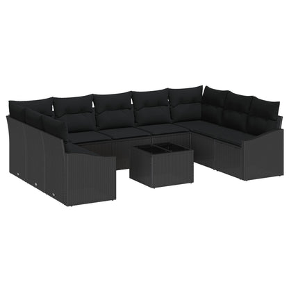 10-Delige Tuinbankset Met Kussens Beige Poly Rattan Zwart met tafel