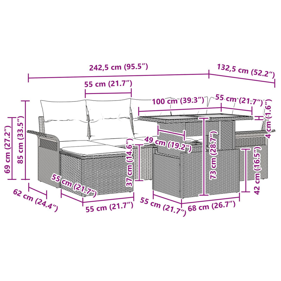 7-Delige Tuin Eetset Met Kussens Beige Poly Rattan Acacia