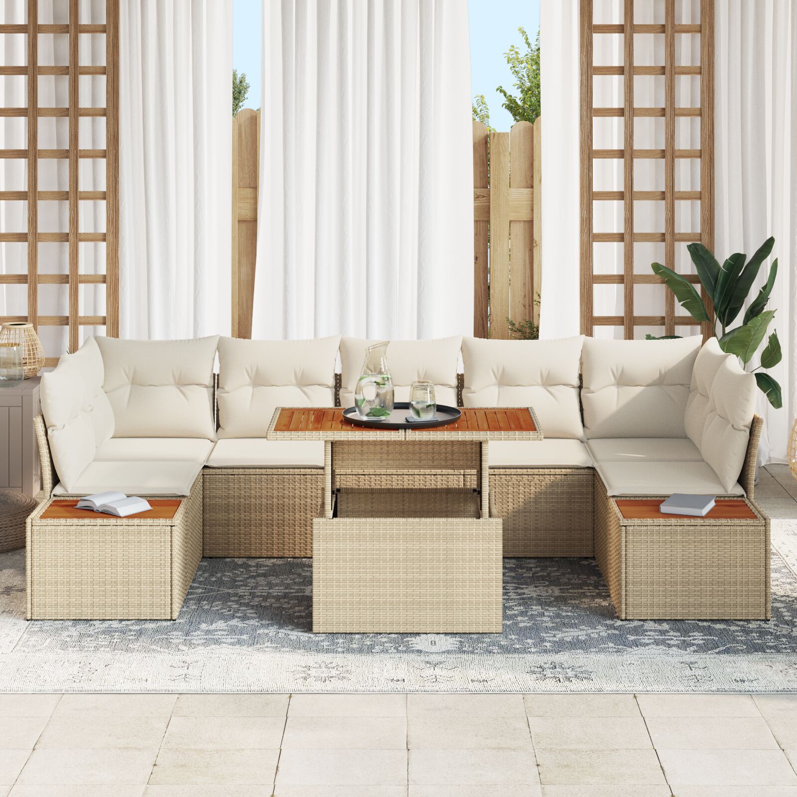 Tuin Sofa Set Set Van 8 Beige En Crème Rattan, Polyester Kussens