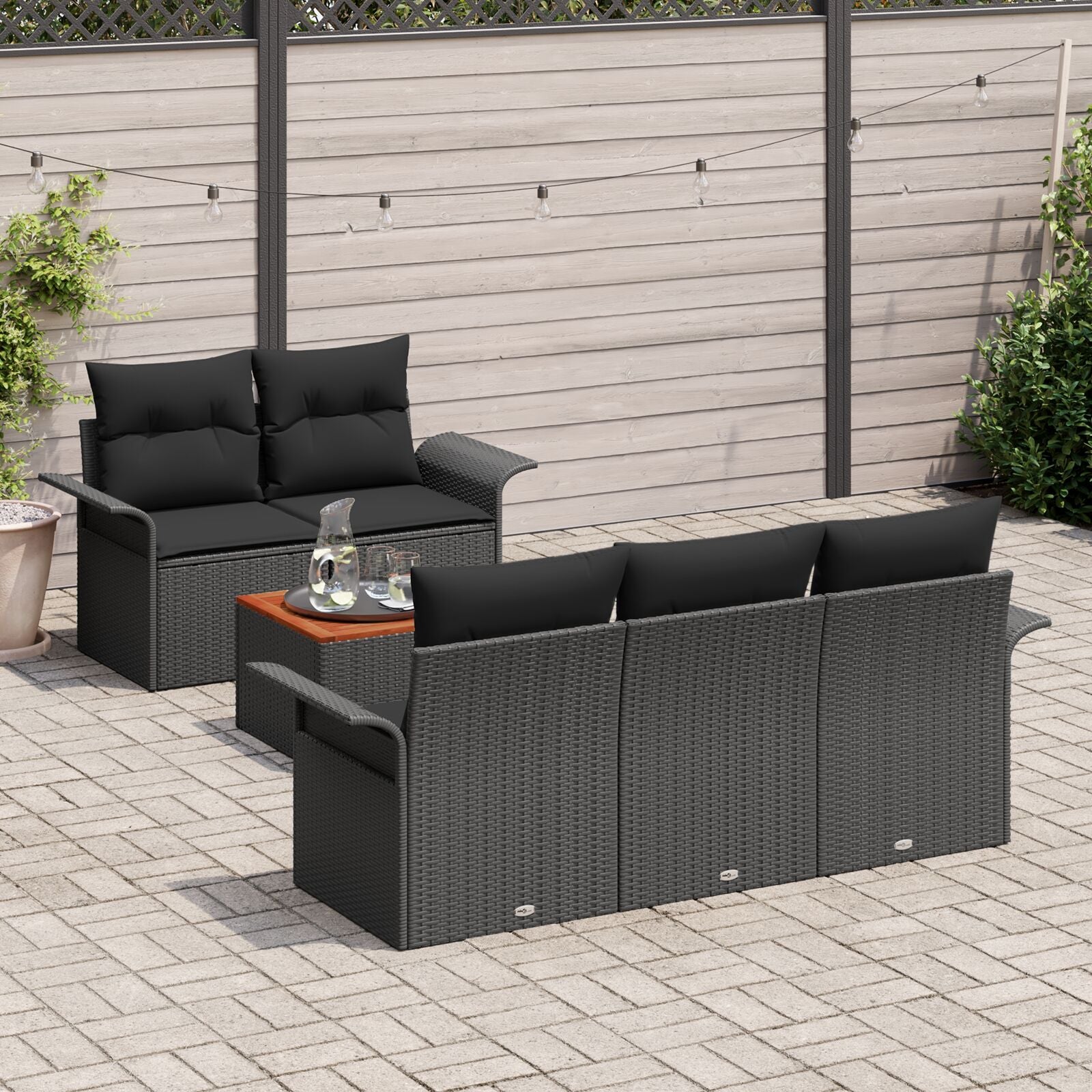 6-Delige Tuin Sofa Set Met Kussens Zwart Poly Rattan Acacia