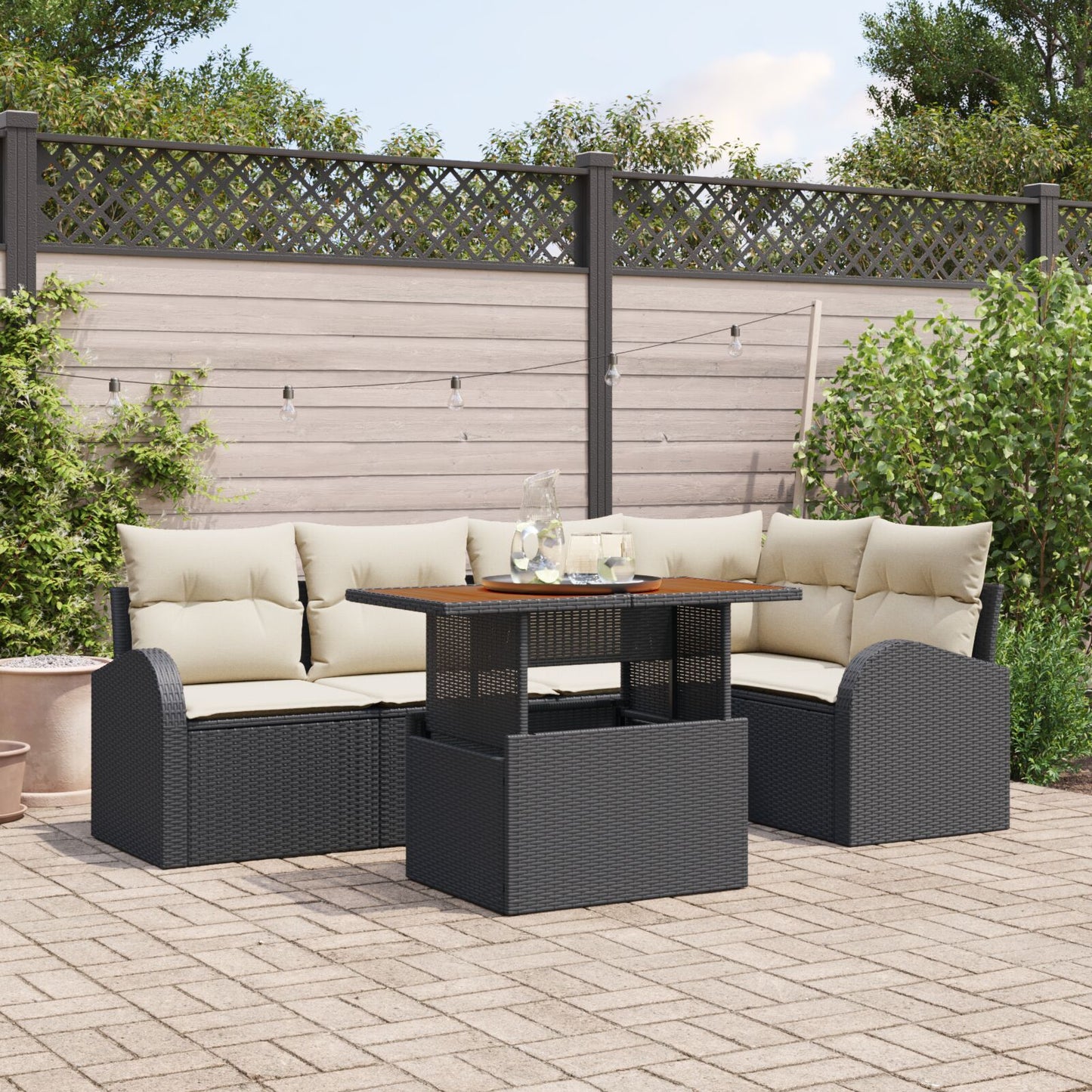 6-Delige Tuin Eetset Met Kussens Zwart Poly Rattan Acacia