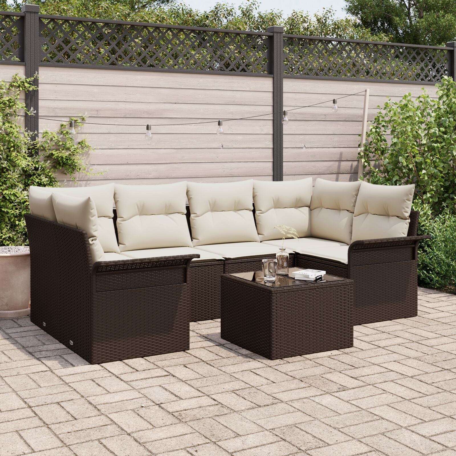 7-Delige Tuin Sofa Set Met Kussens Bruin Poly Rattan