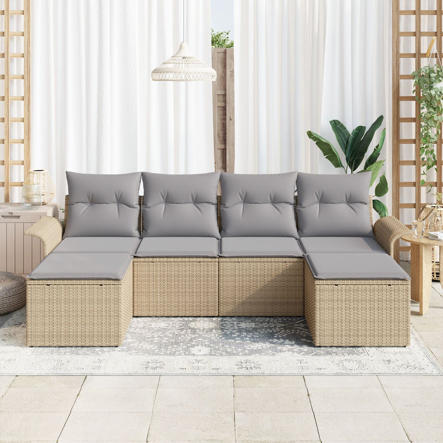 6-Piece Tuinbankset Met Kussens Beige Poly Rattan