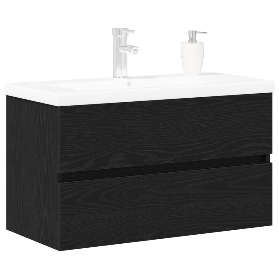 Wastafelkast Met Ingebouwde Wastafel Zwart Eiken Engineered Hout,  Wastafelkast Zwart Eiken 80X38.5X45 Cm Engineered Hout