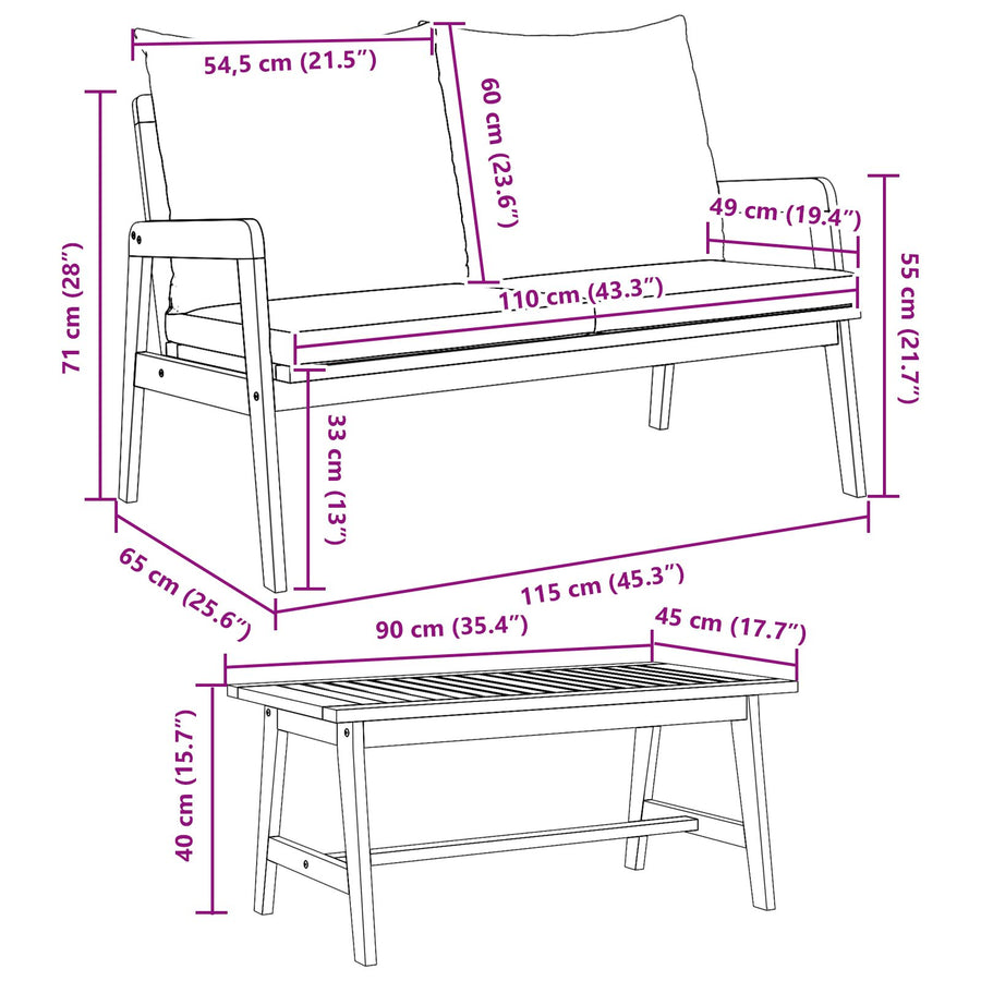 3-Delige Bistro Set Met Kussens Van Massief Acaciahout