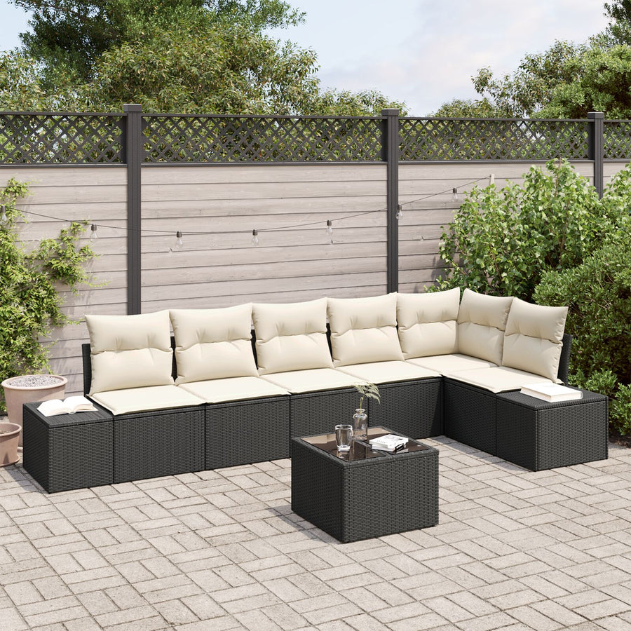 6-Delige Tuinbankset Met Kussens Bruin Poly Riet Zwart en wit met tafel