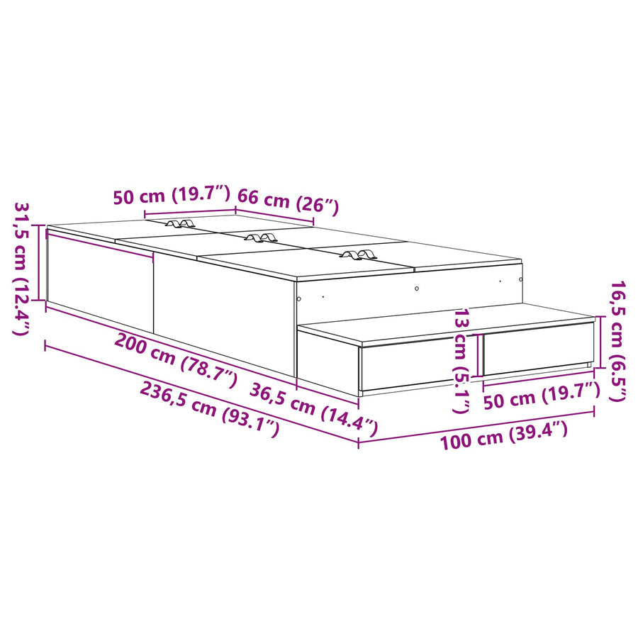 Opbergbedframe Oud Hout Bewerkt Hout 236,5 X 100 X 31,5 Cm Artisanaal Eiken