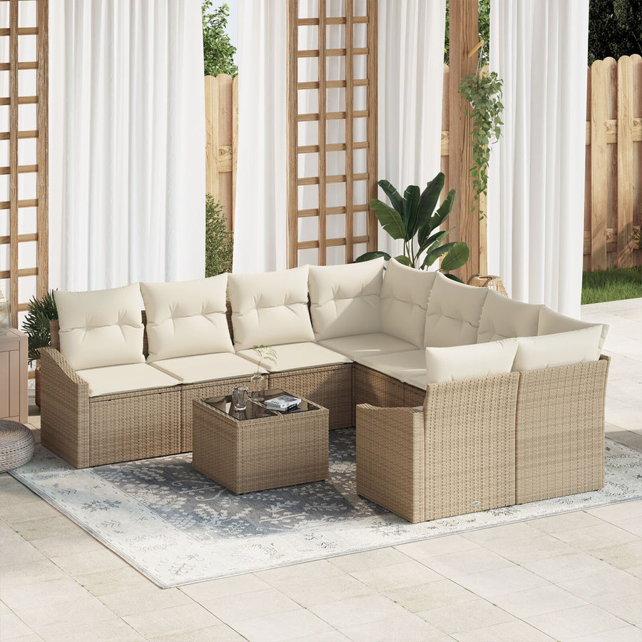 Tuinbank Set Set Van 9 Beige En Bruin Rattan En Polyester Gegalvaniseerd Staal