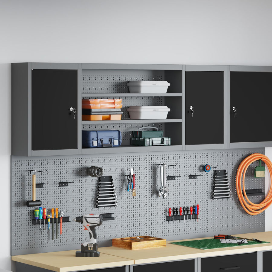 Gereedschapskast Wandmontage Met Pegboard 150X20X55 Cm Staal 150 cm Zwart en grijs Wandkast met pegboard