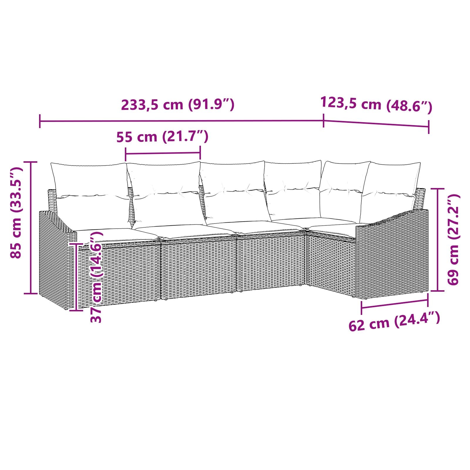 5-Delige Tuin Sofa Set Met Kussens Poly Riet Zwart en crème zonder tafel
