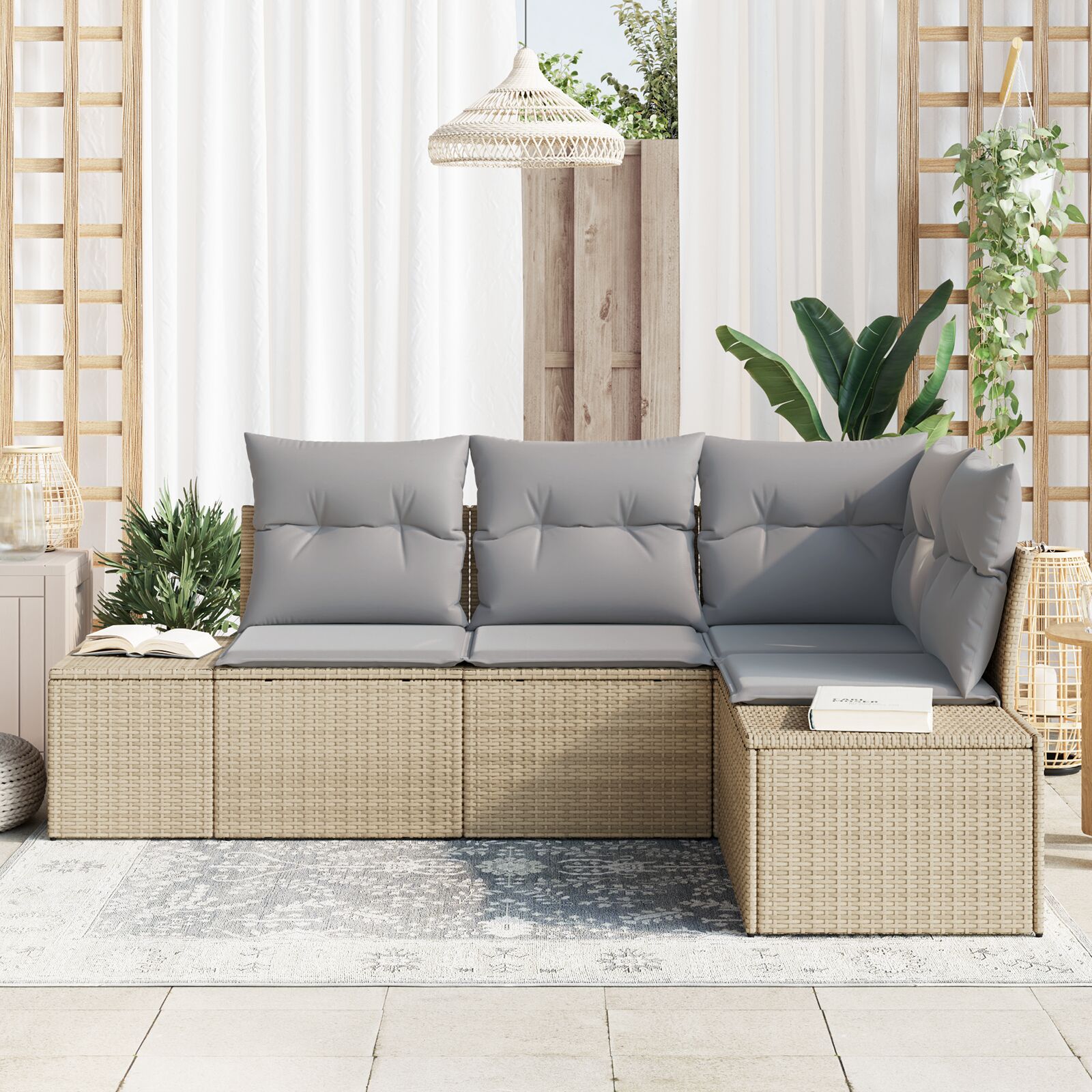 4-Delige Tuin Sofa Set Met Kussens Poly Rattan Beige en lichtgrijs zonder tafel