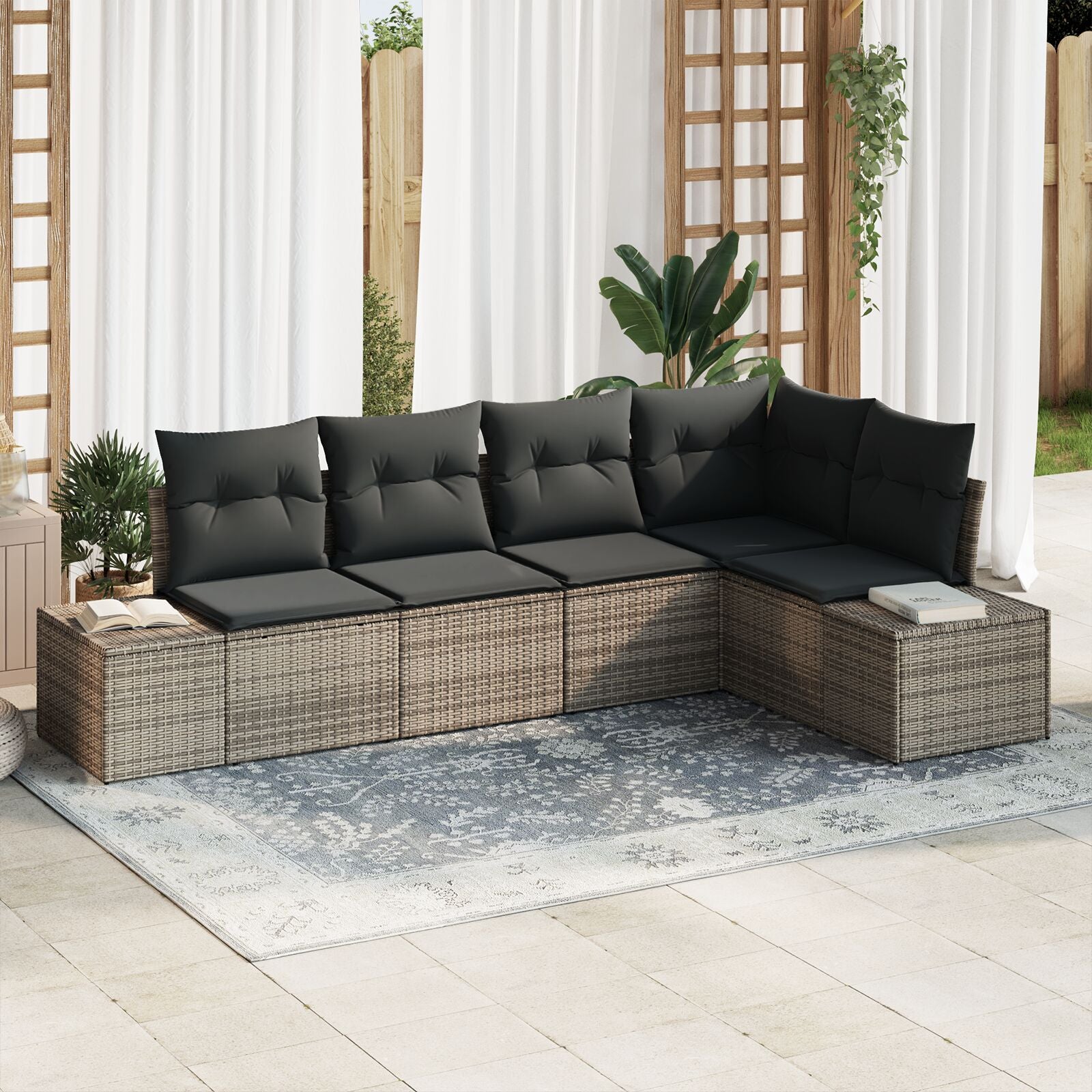 5-Delige Tuin Sofa Set Met Kussens Grijs Poly Rattan