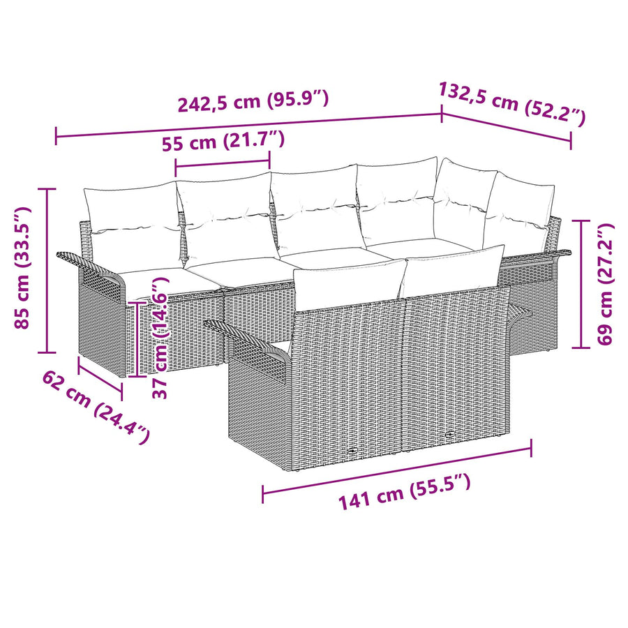 7-Delige Tuin Sofa Set Met Kussens Lichtgrijs Poly Rattan