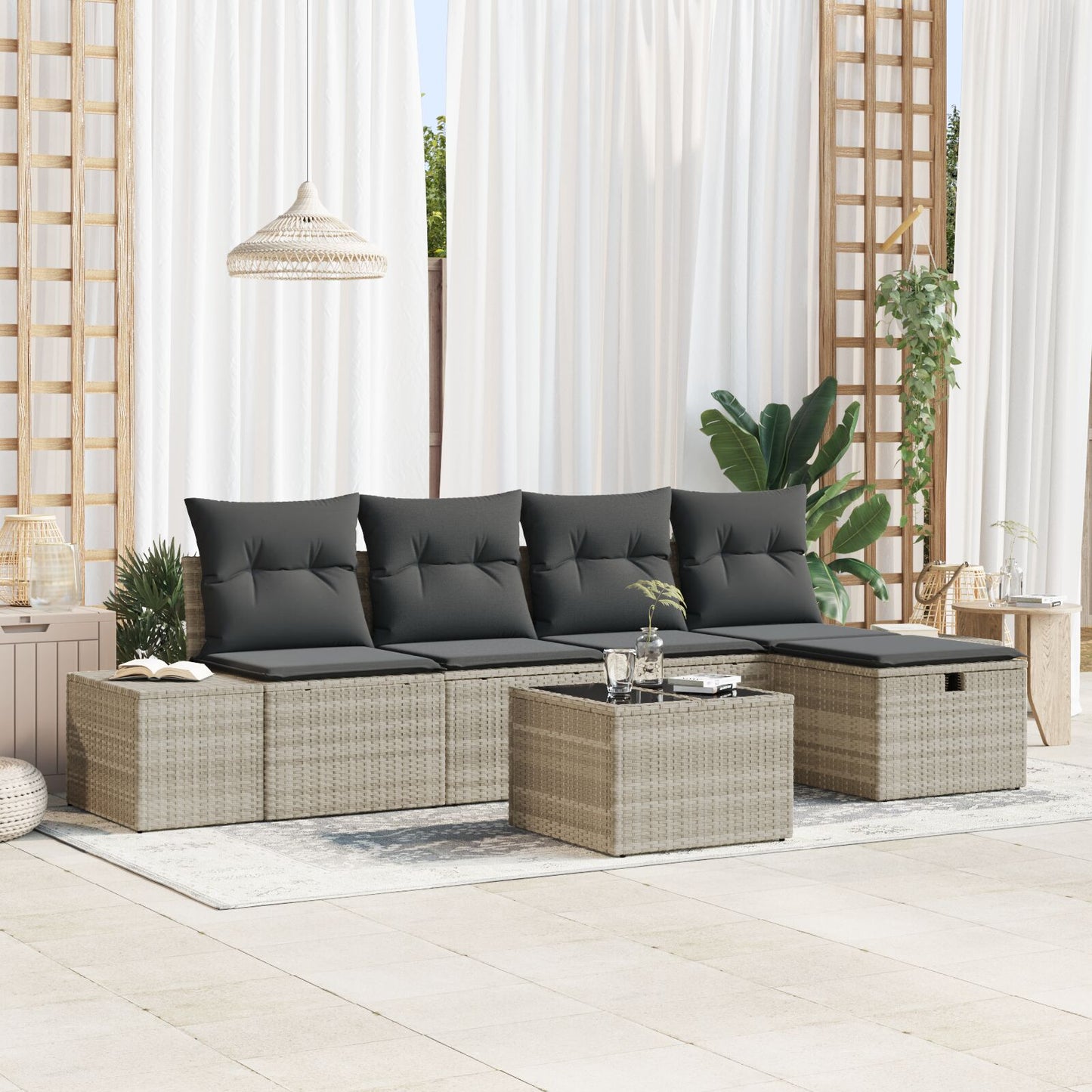 6-Delig Tuinsalonset Met Kussens Lichtgrijs Poly Rattan Wit