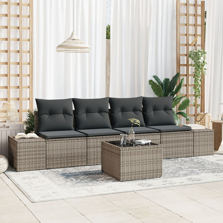 5-Delige Tuin Sofaset Met Kussens Grijs Poly Rattan
