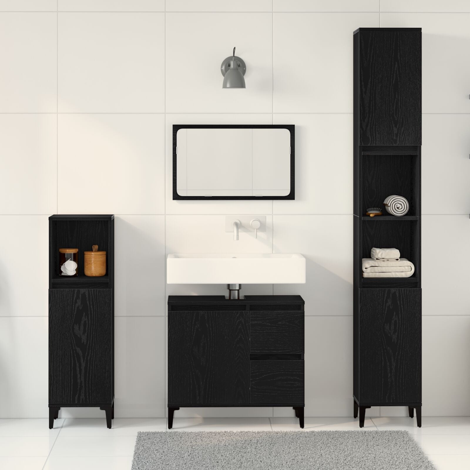 Badkamermeubel Set Set Van 3 Zwart Eiken Mdf