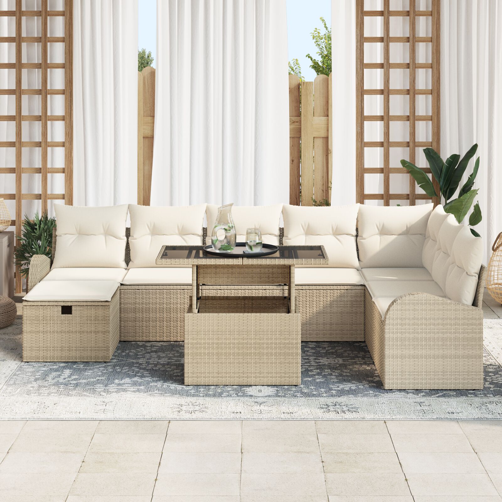 Set Van 9 Tuinbanken Met Kussens Beige Poly Rattan