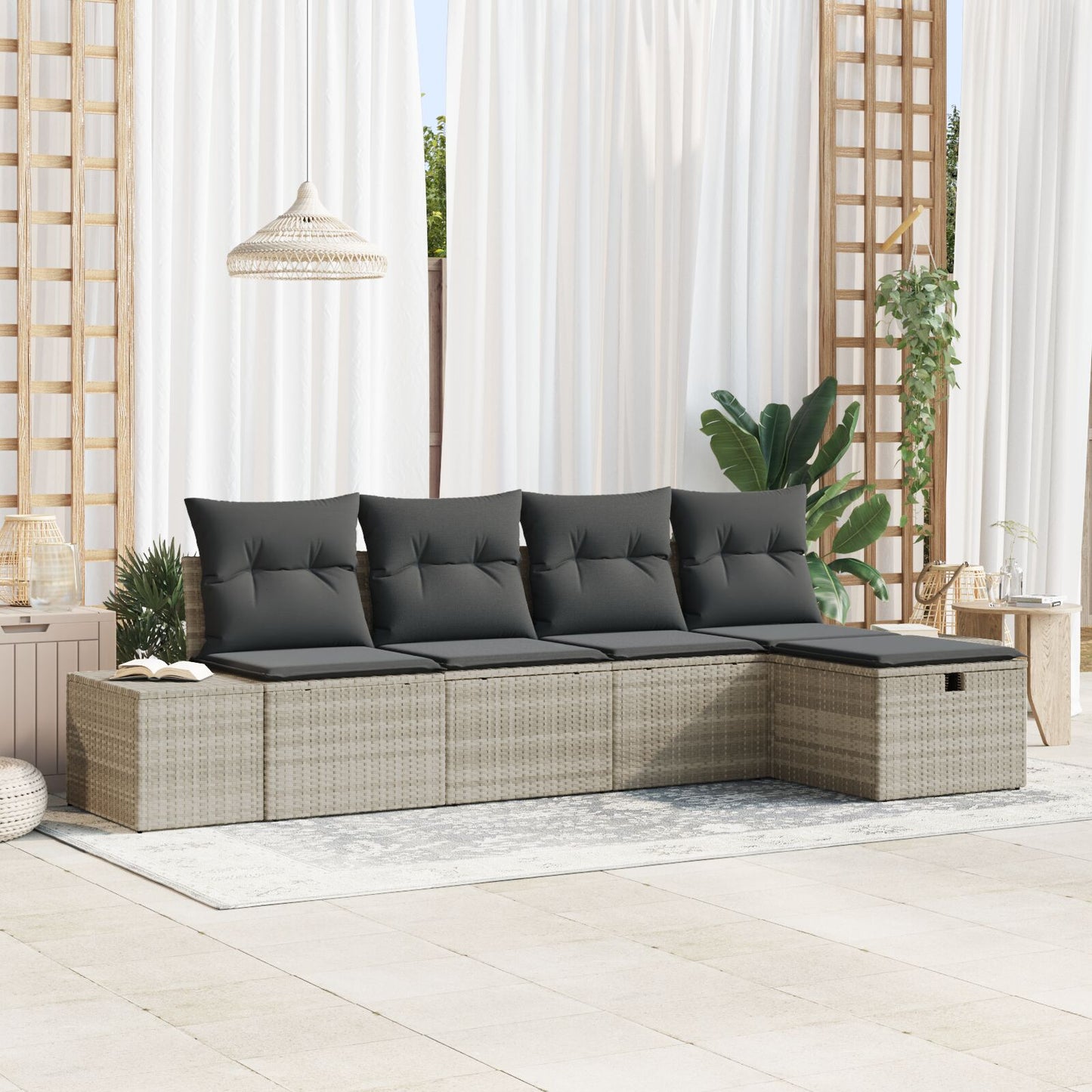 5-Delige Tuin Sofa Set Met Kussens Licht Grijs Poly Rattan Wit