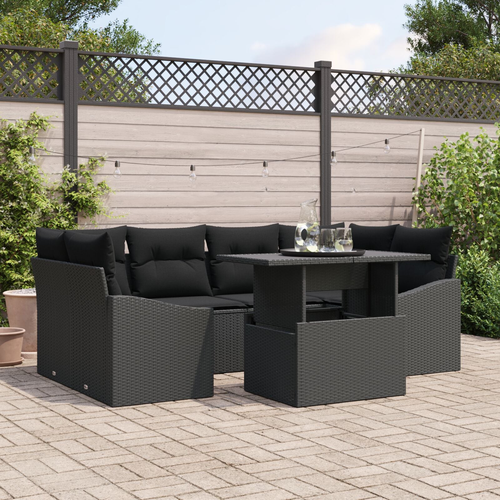 7-Delige Tuin Sofa Set Met Kussens Zwart Poly Rattan