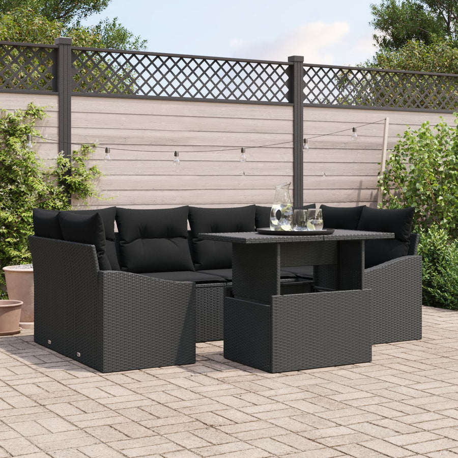 7-Delige Tuin Sofa Set Met Kussens Zwart Poly Rattan