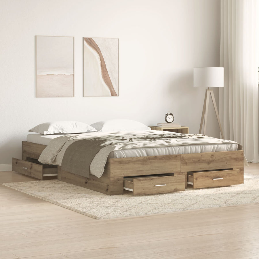 Bedframe Met Lades Artisan Eiken 135X190 Cm Engineered Hout Ambachtelijk Eiken