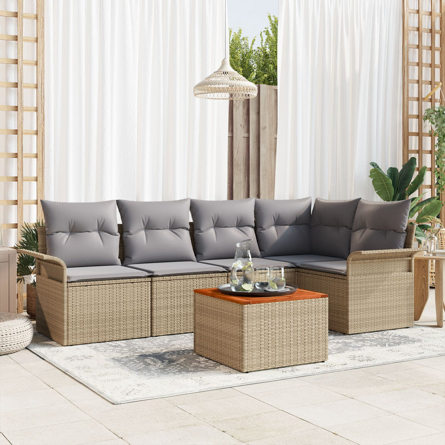 6-Delige Tuinbankset Met Kussens Beige Poly Rattan Acacia