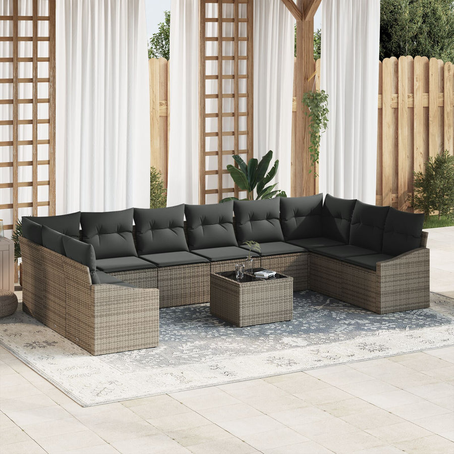 10-Delige Tuin Eettafel Set Met Kussens Zwart Poly Rattan Grijs met tafel