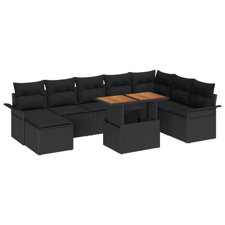 9-Delige Tuin Eetset Met Kussens Zwart Poly Rattan Acacia