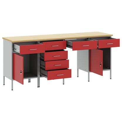 4-Delige Werkcabinet En Tafel Set Rood Gespoten Hout En Staal