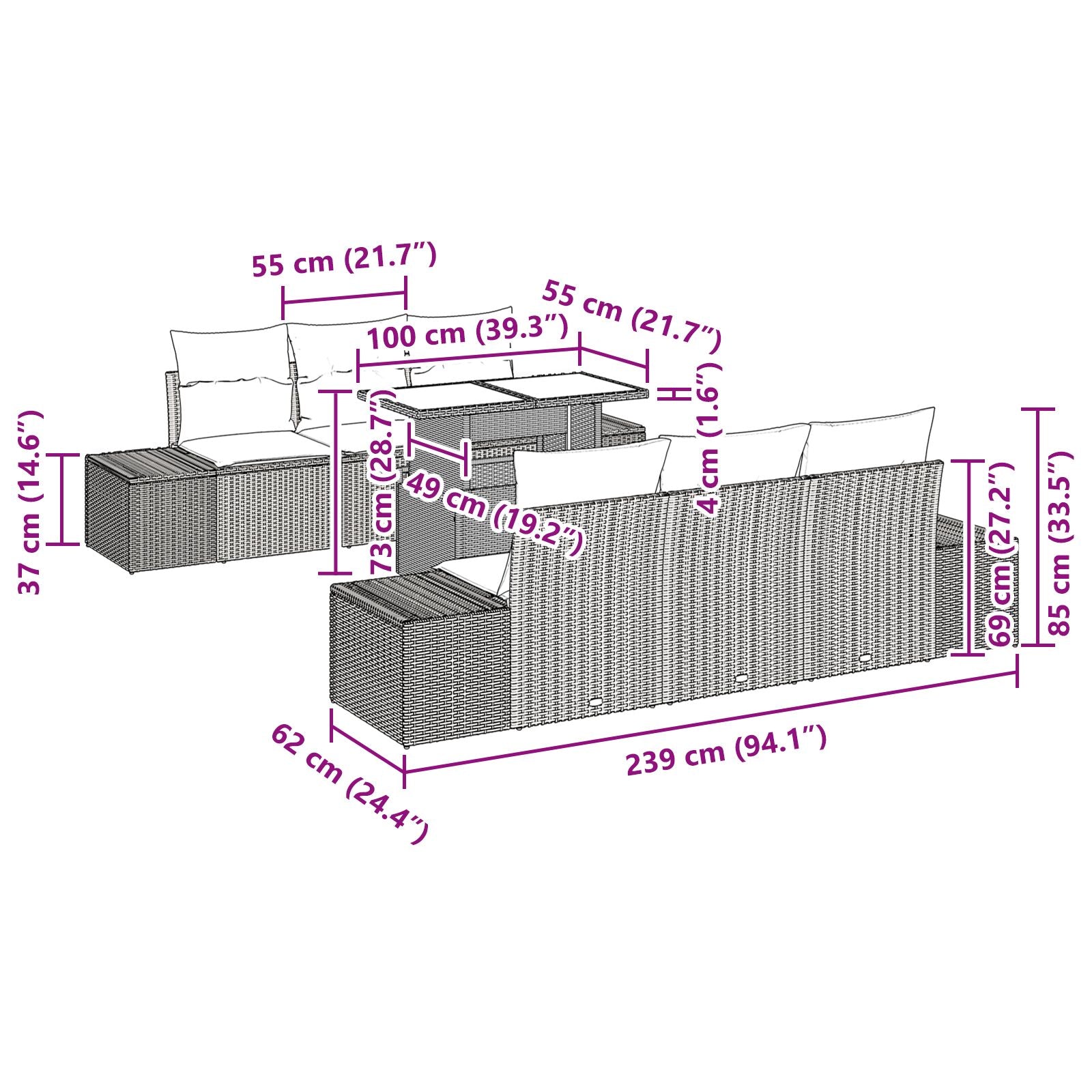 7-Delige Tuinbankset Met Kussens Zwart Poly Rattan