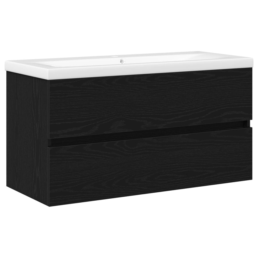 Spoelcabinet Met Ingebouwd Basin Zwart Eiken Bewerkt Hout,  Spoelcabinet Zwart Eiken 90X38,5X45 Cm Bewerkt Hout
