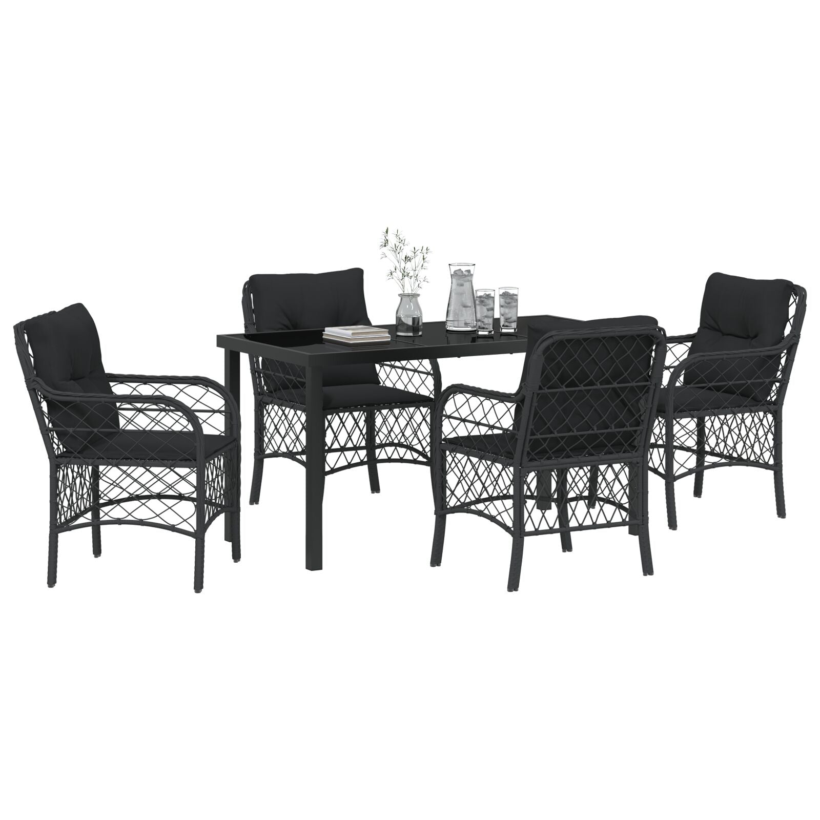 5-Delige Tuin Eetset Met Kussens Zwarte Poly Rattan