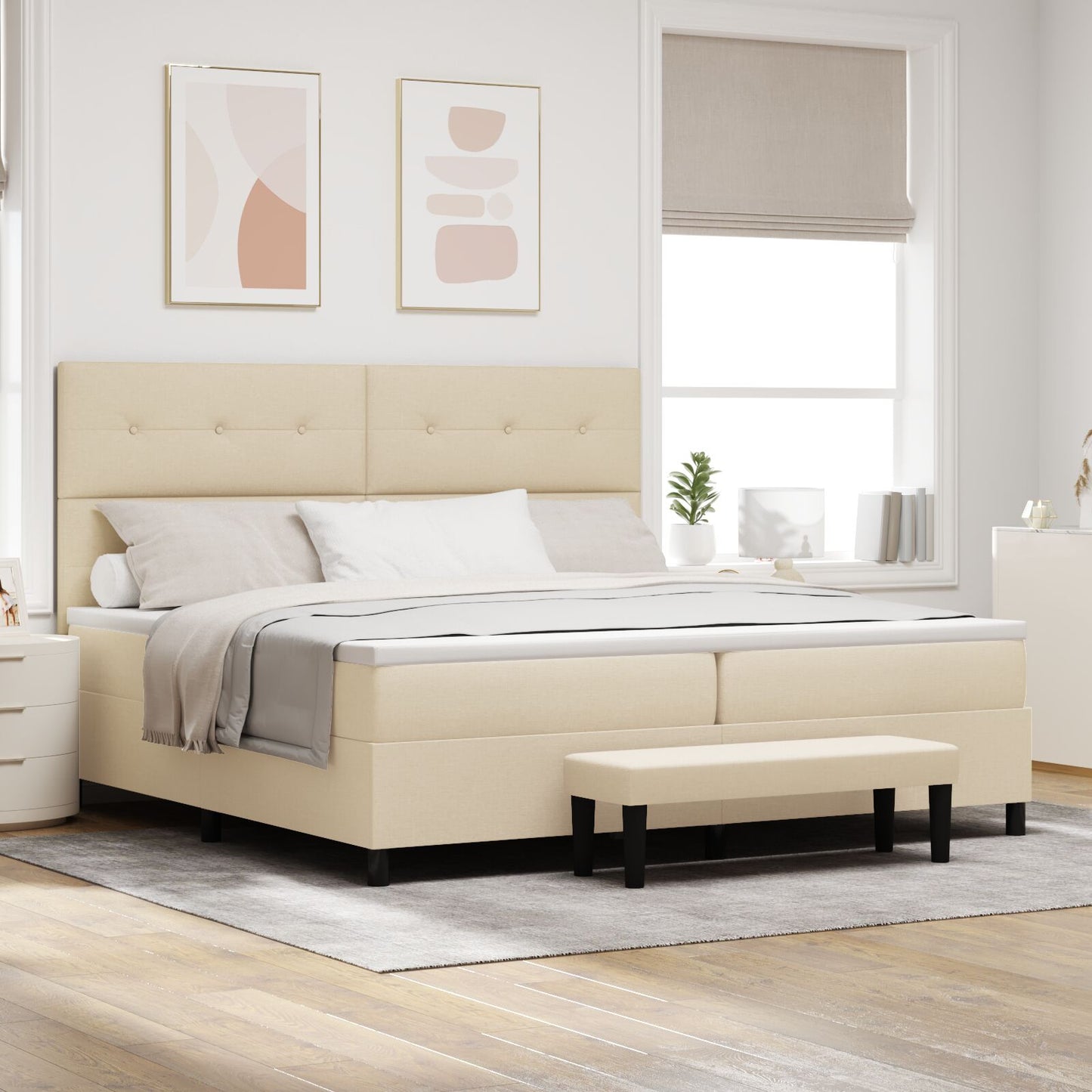 Boxspringbed Met Matras & Bank Stof Crème 200 x 200 cm Met knopen