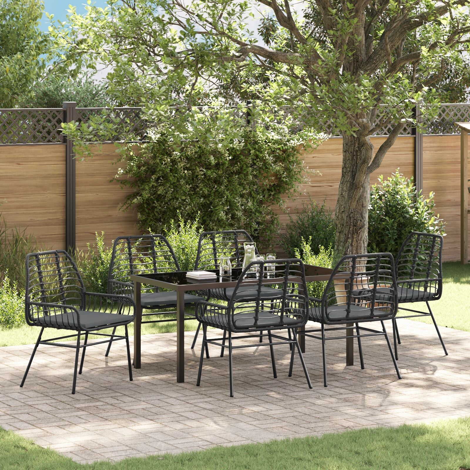7-Delige Tuin Eetset Met Kussens Zwart Poly Rattan
