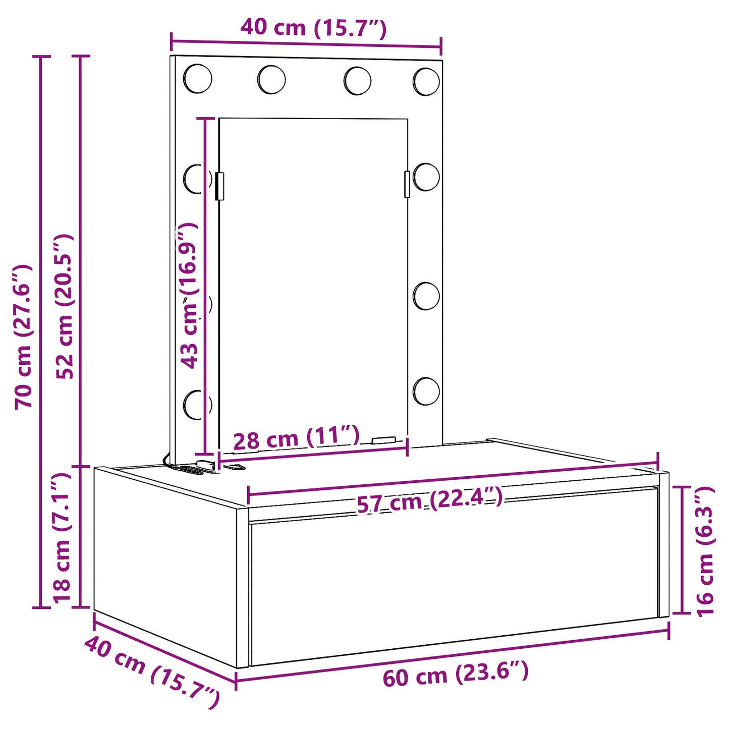 Wandkaptafel Verlichting - 60 x 40 x 70 cm Zwart eiken met LED