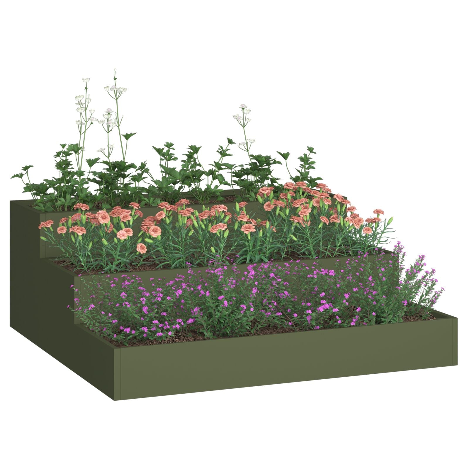 Tuin Plantenbak 3-Laags Staal 90 x 90 x 35 cm Olijfgroen