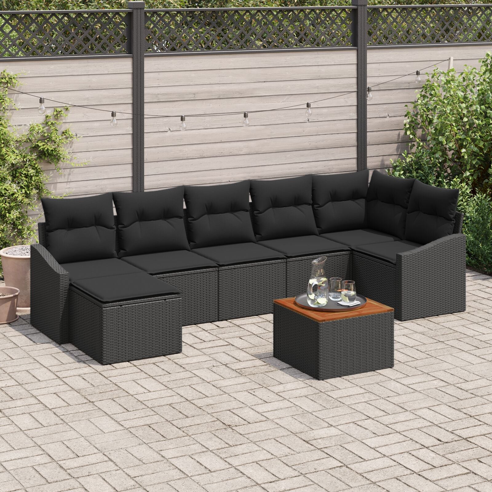 8-Delige Tuinsofa Set Met Kussens Zwart Poly Rattan Acacia