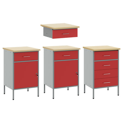 4-Delige Werkcabinet En Tafel Set Rood Gespoten Hout En Staal