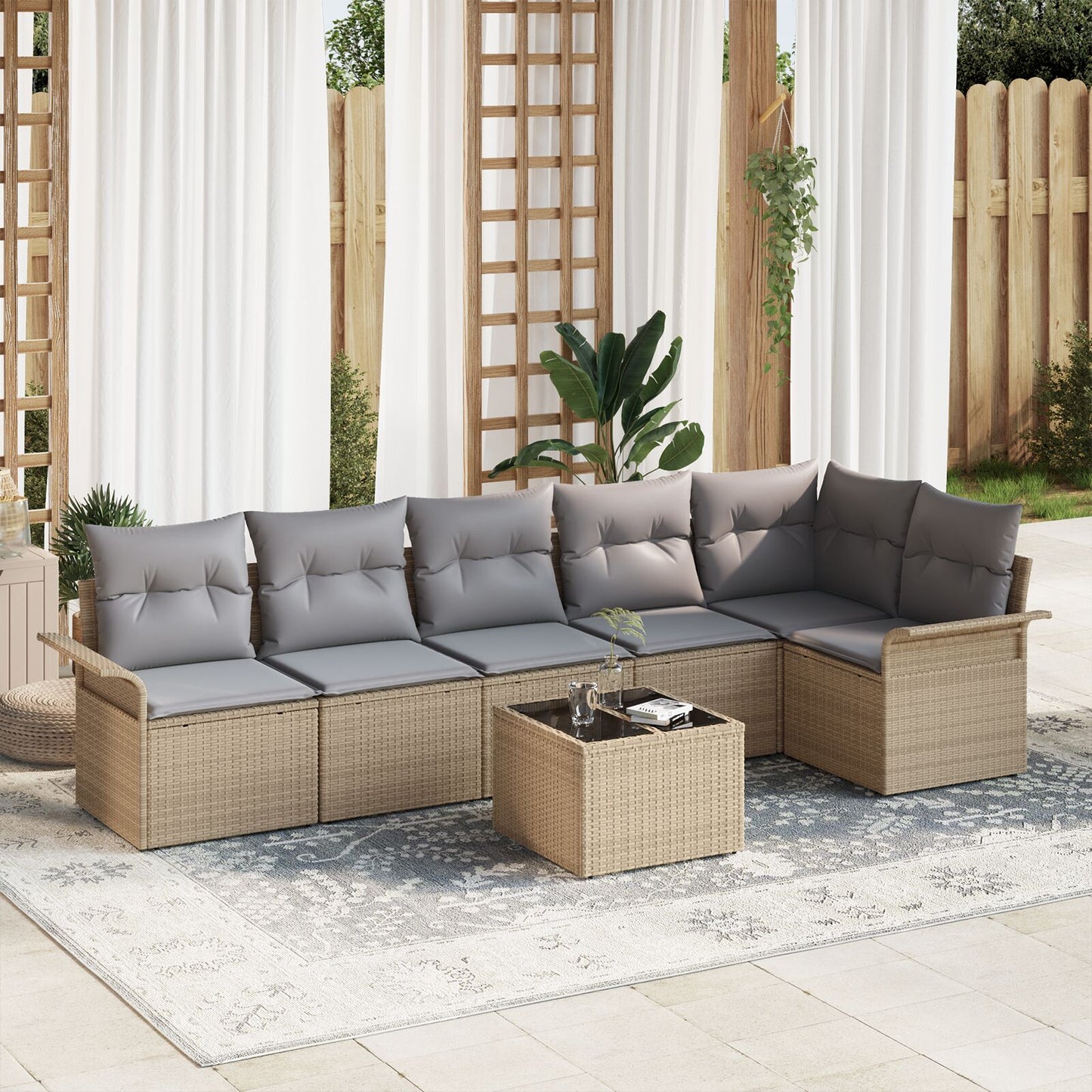 7-Delige Tuinsofa Set Met Kussens Zwart Poly Rattan Beige en grijs met tafel