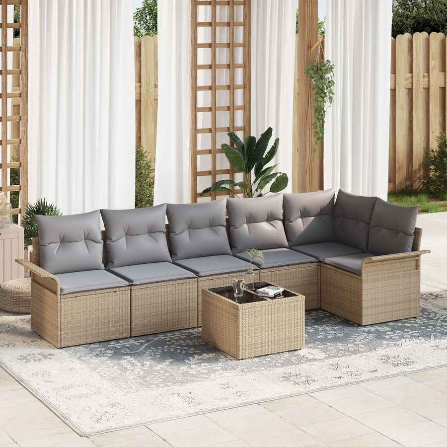 7-Delige Tuinsofa Set Met Kussens Zwart Poly Rattan Beige en grijs met tafel