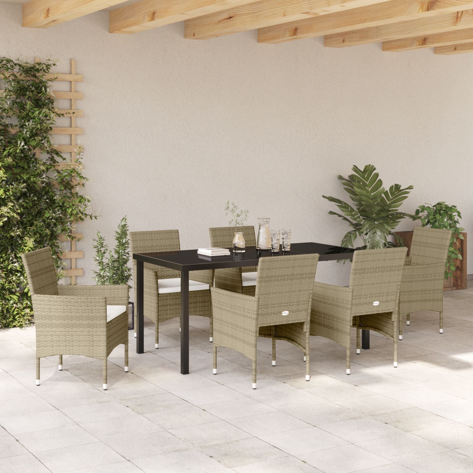 7-Delige Tuin Eettafelset Beige Poly Rattan.