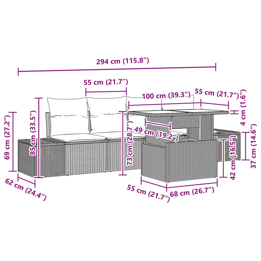 5-Delige Tuinbankenset Met Kussens Zwart Poly Rattan