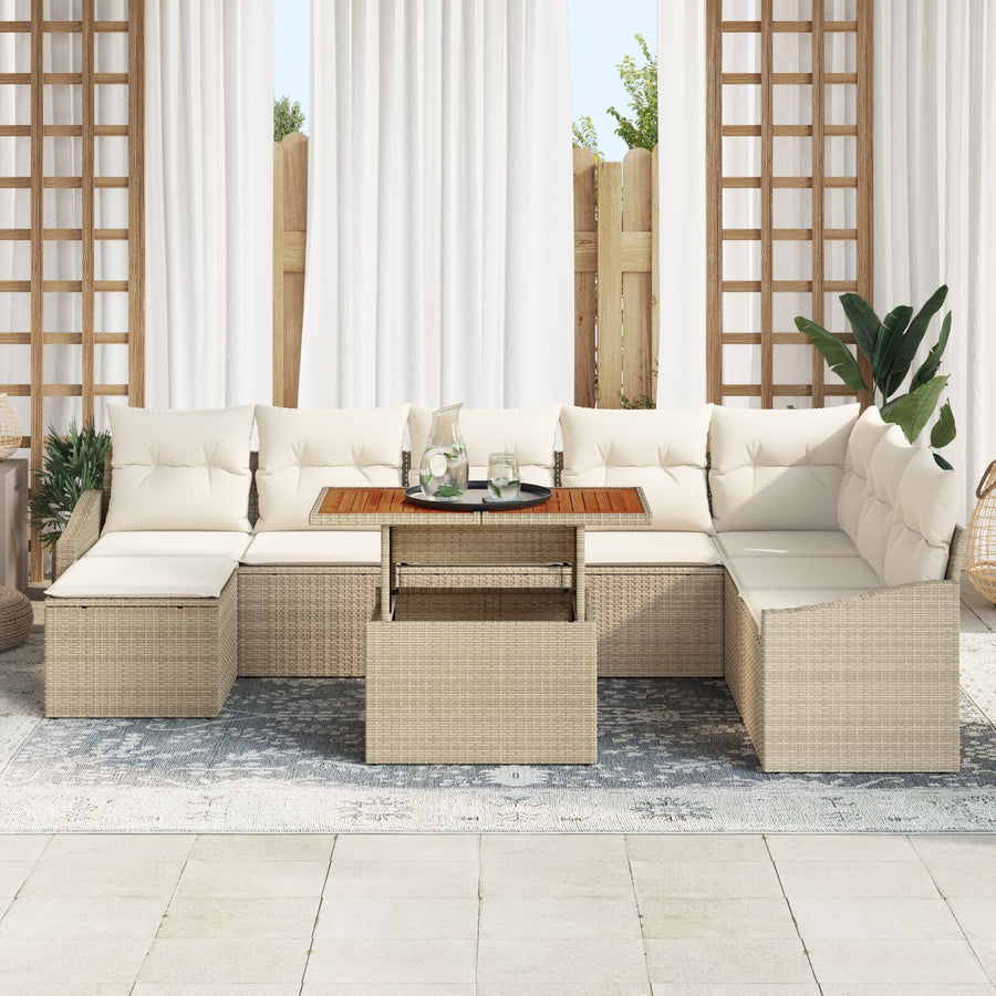 9-Delige Tuin Eetset Met Kussens Beige Poly Riet Acacia
