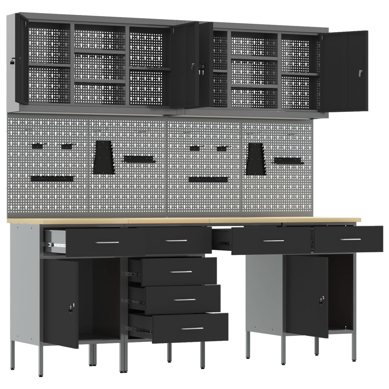 10-Delige Werkbank Set Staal 4x (84/84/85/20 cm) Zwart 6x kast + 6x pegboard