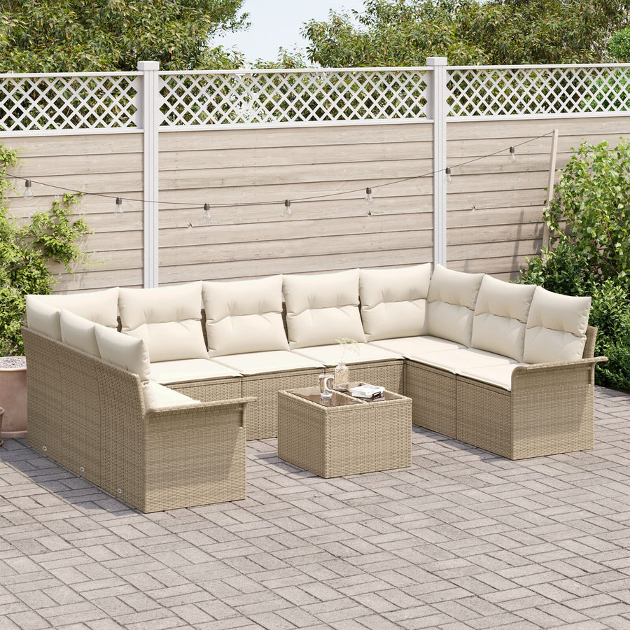 10-Delige Tuin Sofa Set Met Kussens Bruin Poly Rattan Beige en crèmewit met tafel
