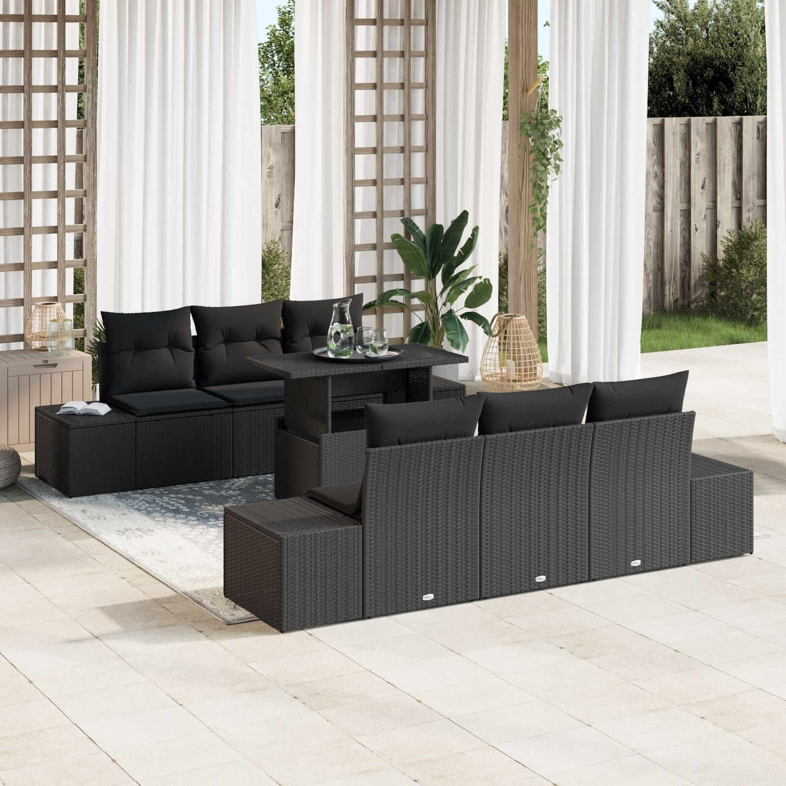 7-Delige Tuinbankset Met Kussens Zwart Poly Rattan