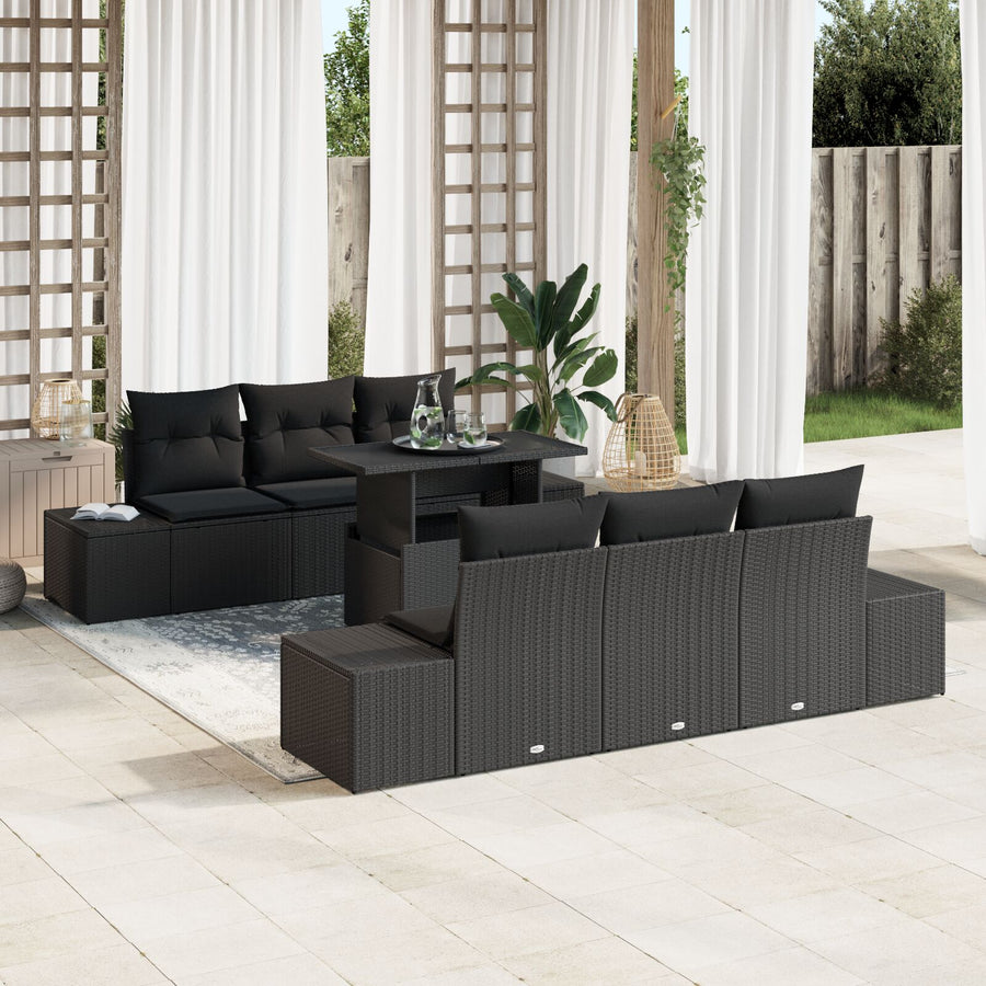 7-Delige Tuinbankset Met Kussens Zwart Poly Rattan