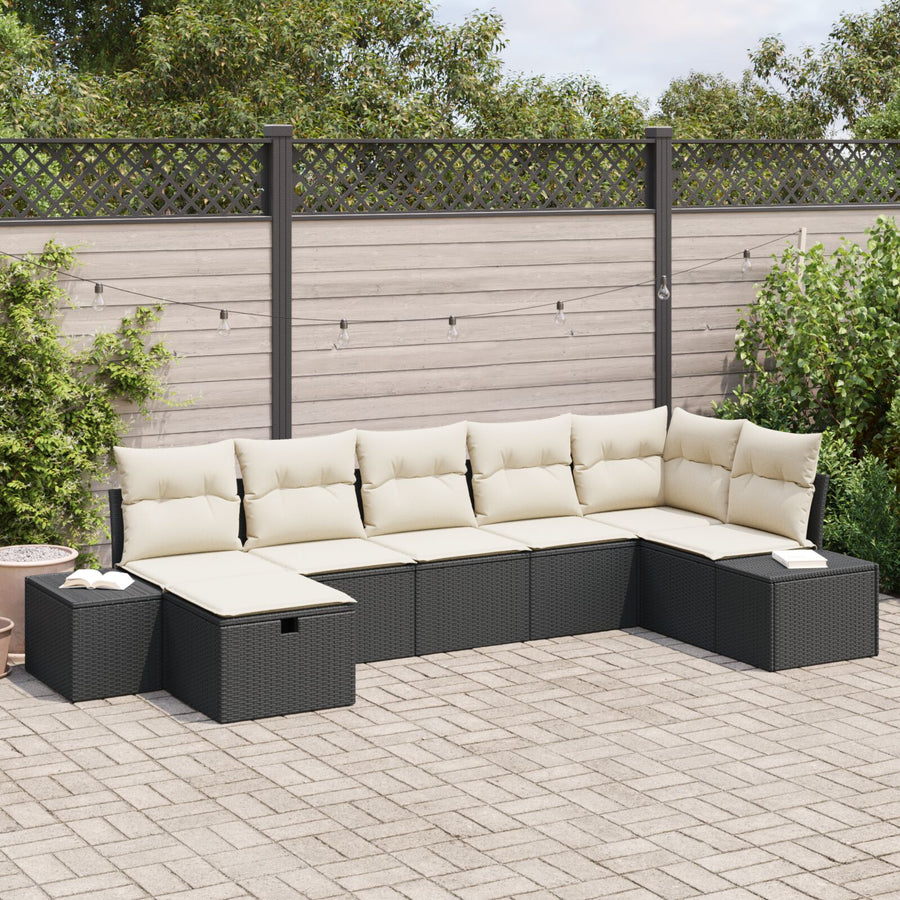 7-Delige Tuin Sofa Set Met Kussens Zwart Poly Rattan
