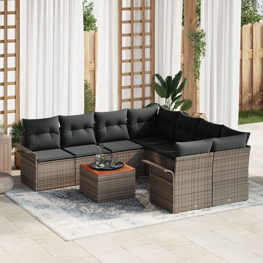 9-Delige Tuin Sofa Set Met Kussens Grijs Poly Rattan Acacia