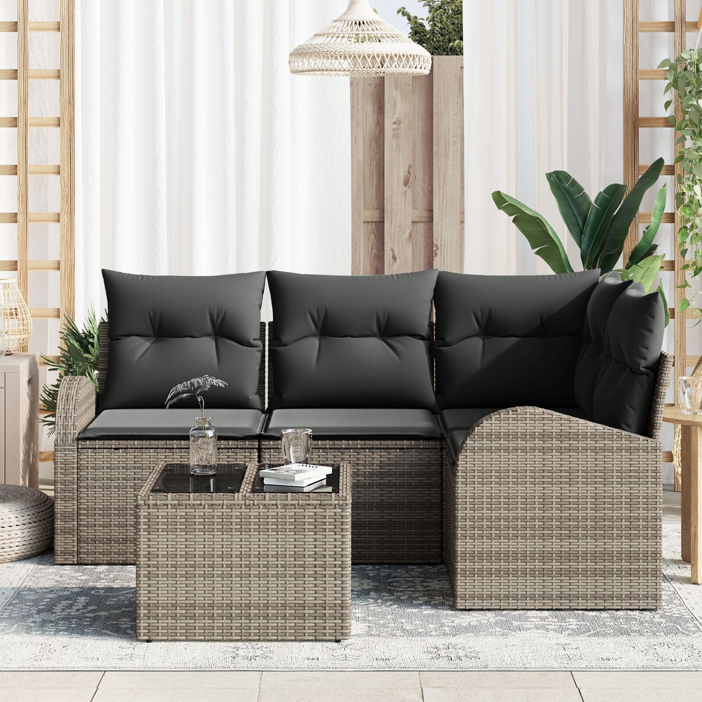 4-Delige Tuin Sofa Set Met Kussens Zwart Poly Rattan Grijs met tafel